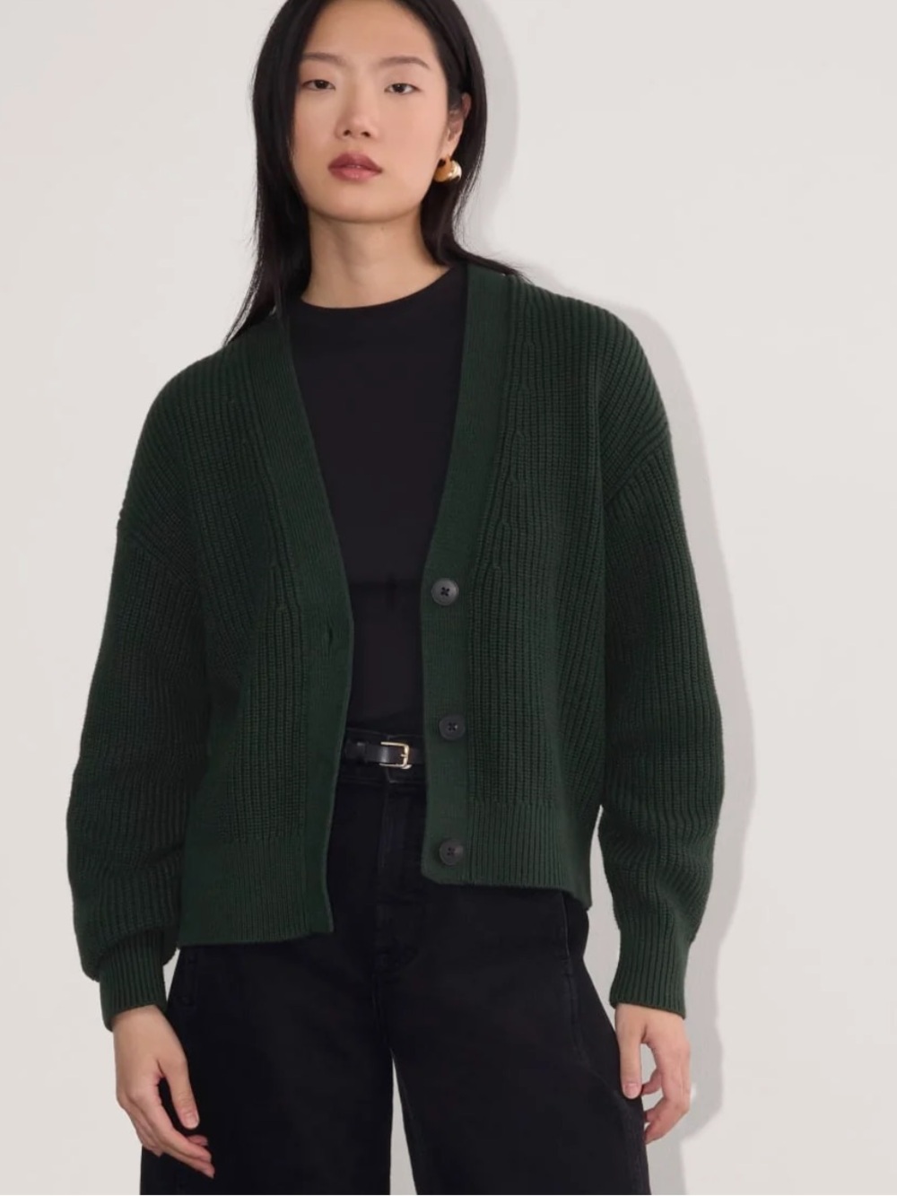 Everlane Dark Green Ribbed V-Neck Button Cardigan